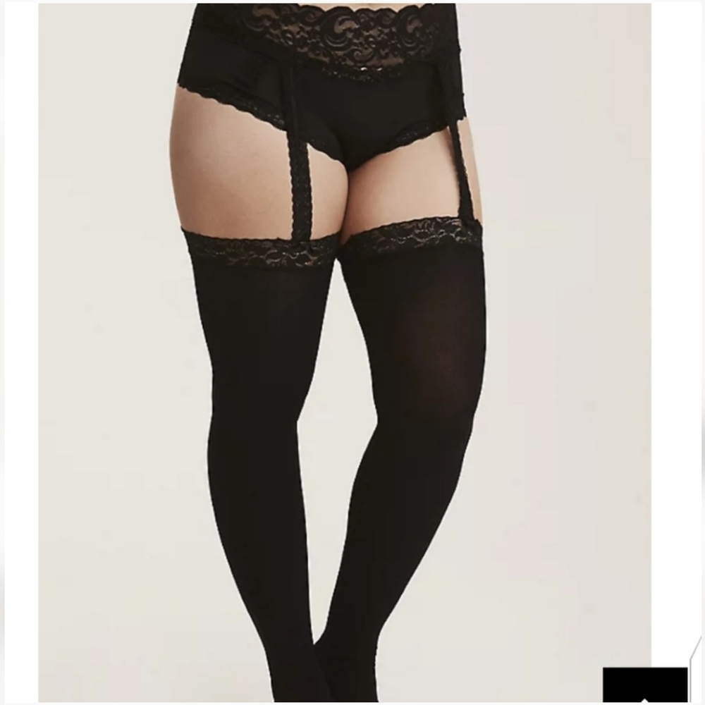 🆕️ PLUS SIZE BLACK THIGH-HIGH FAUX GARTERED STOCKINGS